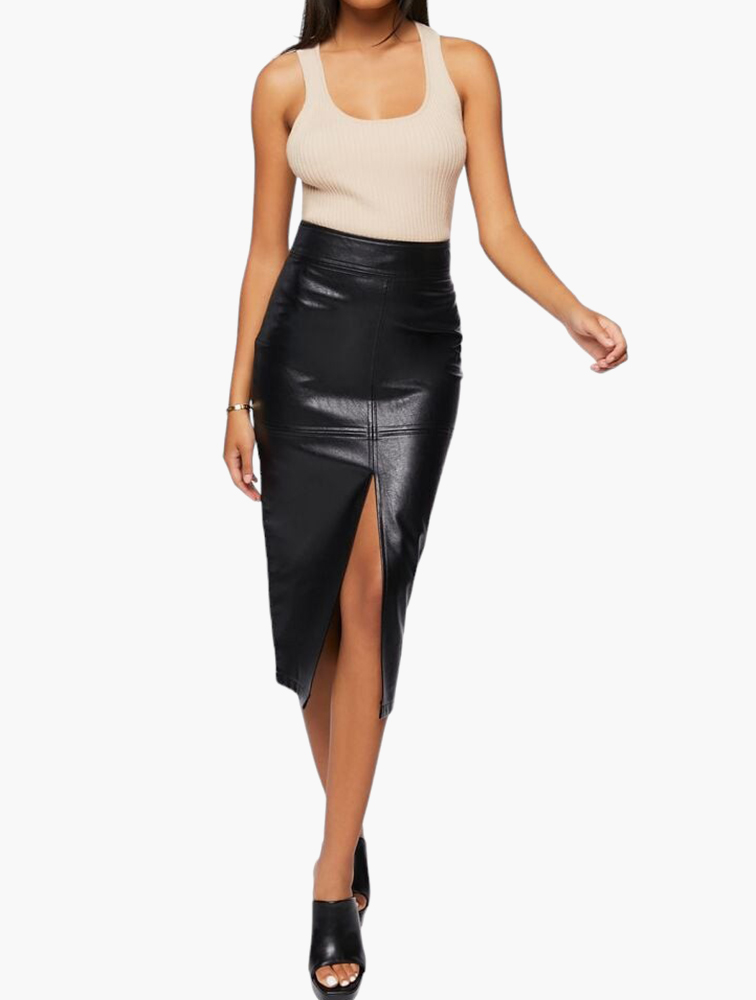 MyRunway | Shop Forever 21 Black Faux Leather Midi Pencil Skirt